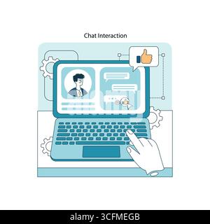 Illustration vectorielle d'une main interagissant avec un ordinateur portable affichant une interface de chat. L'écran affiche un profil, des bulles de conversation et une icône représentant un pouce vers le haut. Illustration de Vecteur