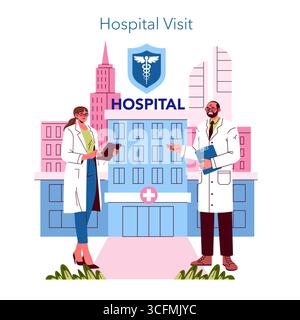 Illustration vectorielle représentant deux médecins conversant devant un bâtiment hospitalier moderne. Ils sont habillés de manteaux blancs, tenant une planche à pince, suggérant un cadre médical professionnel. Illustration de Vecteur
