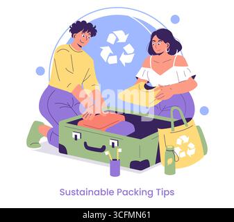 Illustration vectorielle de deux personnes emballant des vêtements dans une valise, mettant l'accent sur la durabilité. Comprend des sacs et des bouteilles écologiques, véhiculant une approche éco-responsable de la préparation du voyage. Illustration de Vecteur