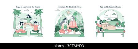 Illustration vectorielle représentant trois scènes : yoga sur la plage au lever du soleil, retraite de méditation dans les montagnes et détente spa avec aromathérapie. Met l'accent sur la tranquillité et la pleine conscience. Illustration de Vecteur