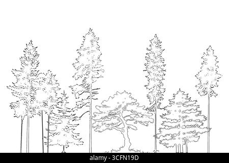 Dessins architecturaux, dessin de ligne d'arbre cao de style minimal, vue de côté, ensemble de symbole de contour de forêt de faune de section pour le dessin de conception de paysage Illustration de Vecteur