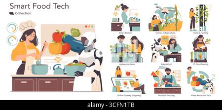 Illustration présentant les innovations technologiques de l'alimentation intelligente telles que les robots chefs cuisiniers, l'agriculture hydroponique et l'impression alimentaire 3D, mettant en évidence les tendances futures dans l'agriculture et les avancées culinaires. Illustration de Vecteur