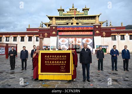 (250823) -- PÉKIN, 23 août 2025 (Xinhua) -- Zhang Shengmin et des membres d'un groupe de la délégation centrale visitent le monastère de Samye à Shannan, dans la région autonome de Xizang, au sud-ouest de la Chine. Confiés par Xi Jinping, secrétaire général du Comité central du Parti communiste chinois (PCC), les membres d’une délégation centrale se sont rendus respectivement à Qamdo, Nagqu, Nyingchi et Shannan pour s’informer des efforts locaux dans les secteurs de l’éducation, de la médecine et de la santé, et de la protection des reliques culturelles. Samedi, la délégation centrale dans la région autonome de Xizang, dans le sud-ouest de la Chine, est retournée à Pékin après un vol Banque D'Images