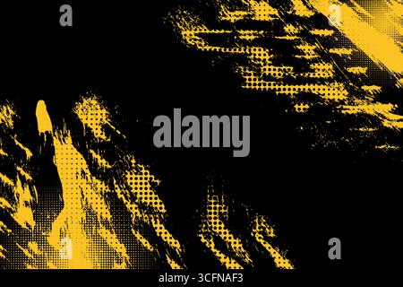 Illustration de traits de pinceau grunge jaune dynamiques combinés à une texture de point de demi-teinte sur un fond noir. Composition audacieuse et énergique idéale pour Illustration de Vecteur