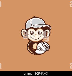 Vector Baseball Monkey Cartoon Mascot en brun, brun doux et gris sur fond brun doux Illustration de Vecteur