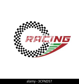 Emblème de course vectorielle avec un motif de drapeau circulaire à carreaux, un texte de COURSE rouge audacieux et des lignes de vitesse dynamiques vertes et rouges. Parfait pour le sport automobile b Illustration de Vecteur