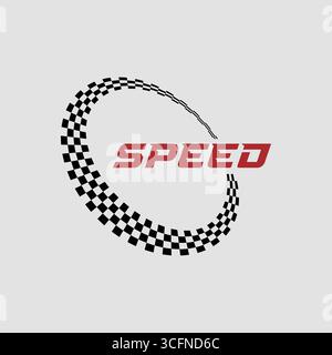 Emblème de course vectorielle avec un motif de drapeau circulaire à carreaux, un texte de COURSE rouge audacieux et des lignes de vitesse dynamiques vertes et rouges. Parfait pour le sport automobile b Illustration de Vecteur