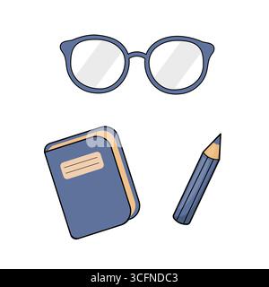 Lunettes de dessin animé mignons, livre et crayon – ensemble d'illustration vectorielle de l'école. Adorable illustration vectorielle de style de dessin animé avec des lunettes rondes. Illustration de Vecteur