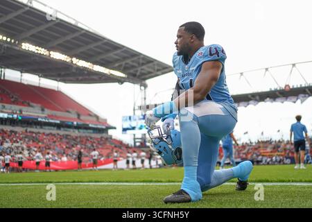 Toronto, Canada. 23 août 2025. La ligne défensive Jeremiah Ojo #44 des Argonauts de Toronto avant le match de football de la semaine 12 de la LCF 2025 contre les Lions de la Colombie-Britannique au BMO Field. Le 22 août 2025 à Toronto, Canada. (Photo de Leonardo Ramirez/Eyepix Group/Sipa USA) crédit : Sipa USA/Alamy Live News Banque D'Images