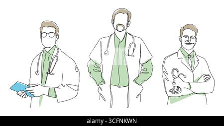 Ensemble d'illustrations minimalistes de dessin d'art en ligne continue de médecins masculins . Contour modifiable . Vecteur . Illustration de Vecteur