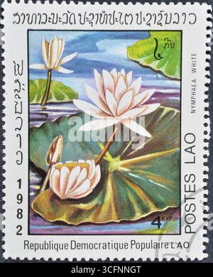 Timbre-poste oblitéré imprimé par le Laos, qui montre Nymphaea blanc, fleurs d'eau, vers 1982. Banque D'Images