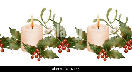 Illustration à l'aquarelle dessinée à la main de bougies allumées avec des feuilles de houx, des baies rouges, du gui. Bordure festive sans couture sur fond blanc. Super fo Banque D'Images