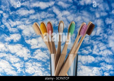 Ensemble de brosses à dents en bambou coloré en verre sur ciel bleu avec fond de nuages blancs, gros plan. Zéro déchet, sans plastique, écologique produit organique Banque D'Images