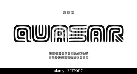 Alphabet de glyphe tribal, police carrée labyrinthe, police futuriste runique ancienne pour logo rituel, titre d'artefact mystique, typographie stylisée de ligne Illustration de Vecteur