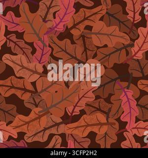 Modèle sans couture présentant des feuilles de chêne d'automne se chevauchant dans des tons chauds de brun et de rouge, créant une atmosphère d'automne confortable et invitante, parfaite pour b. Illustration de Vecteur