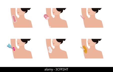 Six différentes méthodes d'épilation sont représentées, y compris l'épilation à la cire, le rasage, le sucre, le laser, crème dépilatoire et épilateur électrique, mettant en valeur vario Illustration de Vecteur