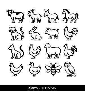 icon set de silhouettes de ligne animale silhouette noire isolée sur blanc Illustration de Vecteur