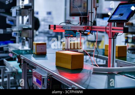 Boîtes en carton sur le tapis roulant concept de système de transport de colis Banque D'Images