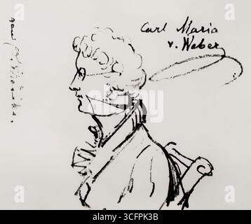 Caricature d'Eduard Mörike, portrait de Carl Maria von Weber, 1786 - 1826, compositeur, chef d'orchestre et pianiste allemand, édité numériquement Banque D'Images