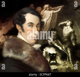Portrait de Carl Maria von Weber, 1786 - 1826, compositeur, chef d'orchestre et pianiste allemand, scène de l'acte 2, l'opéra romantique „Der Freischütz“ de lui, édité numériquement Banque D'Images