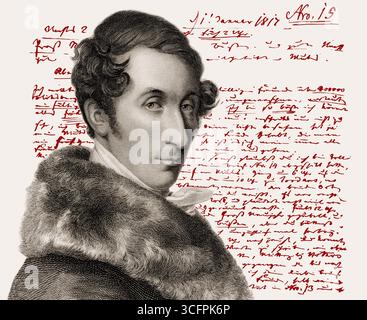Portrait de Carl Maria von Weber, 1786 - 1826, compositeur, chef d'orchestre et pianiste allemand, voeux du nouvel an à son épouse Caroline Elisabeth Antoinette Brandt, 1817, édité numériquement Banque D'Images