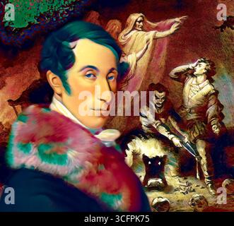 Portrait de Carl Maria von Weber, 1786 - 1826, compositeur, chef d'orchestre et pianiste allemand, scène de l'acte 2, l'opéra romantique „Der Freischütz“ de lui, édité numériquement Banque D'Images