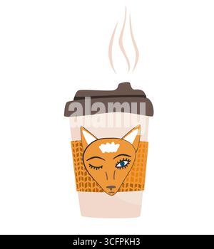 Boisson chaude d'automne dans une tasse de papier orange avec décoration de tête de renard. Illustration isolée vectorielle Illustration de Vecteur