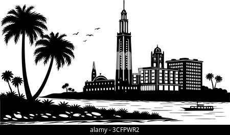 Silhouette vectorielle noire et blanche d'une ligne d'horizon de la ville avec des bâtiments, des palmiers et de l'eau isolés sur fond blanc Illustration de Vecteur