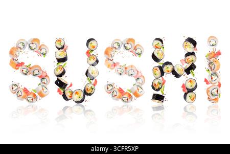 Inscription Sushi fait de rouleaux en haute résolution sur fond blanc Banque D'Images