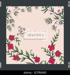 Affiche de fleurs. Cadre avec espace de copie pour le texte. Modèle de publication sur les médias sociaux. carte postale ou carte de voeux. Plantes décoratives botaniques d'été graphique. Motif fleuri estival. Illustration isolée vectorielle Illustration de Vecteur