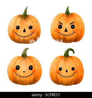 Lot de 4 citrouilles Halloween Clipart aquarelle, Spooky Jack o’Lanterns Collection Banque D'Images