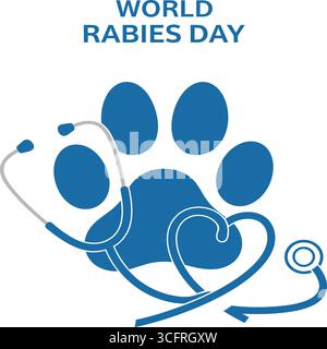Une illustration épurée et moderne pour la Journée mondiale de la rage avec une empreinte de patte bleue entrelacée avec un stéthoscope. Le texte « JOURNÉE MONDIALE DE LA RAGE » est promine Illustration de Vecteur