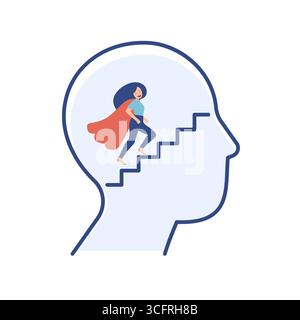 icône de silhouette linéaire d'une tête humaine à l'intérieur de laquelle une fille de super-héros monte les escaliers isolés sur blanc. Concept de développement de la croissance mentale Illustration de Vecteur