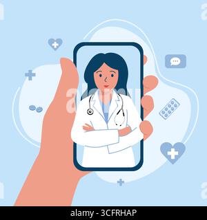 Consultation médicale en ligne. Femme médecin dans la robe médicale sur l'écran de téléphone. Appelez un médecin via l'application smartphone Illustration de Vecteur