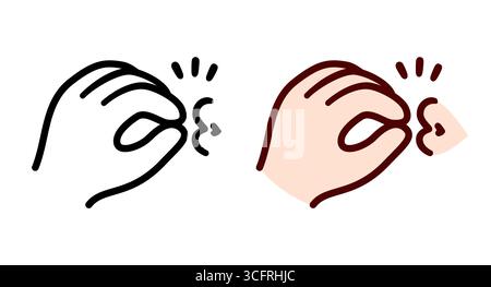 Mignonne main de dessin animé faisant le geste de baiser du chef, lèvres embrassant les doigts. Icône de ligne noir et blanc et dessin en couleur. Illustration clip art vectorielle simple. Illustration de Vecteur