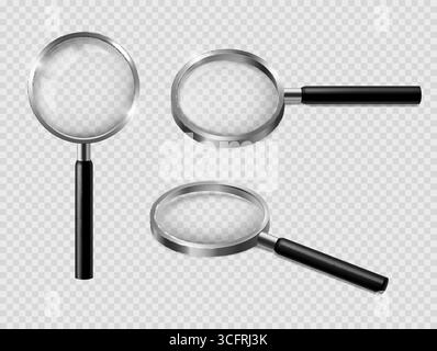 Loupe 3D. Grossissez avec monture en métal, objectif zoom transparent, poignée noire et réflexion. Symbole d'inspection, de recherche, d'analyse et d'investigation. Ensemble de vecteurs d'outil loupe réaliste. Illustration de Vecteur