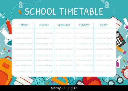 Horaire des leçons scolaires pour la semaine. Modèle d'horaire avec fournitures scolaires. planificateur scolaire. Fond bleu. Illustration vectorielle Illustration de Vecteur