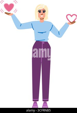 Femme montrant des icônes vibrantes et statiques de coeur représentant l'amour et l'affection Illustration de Vecteur