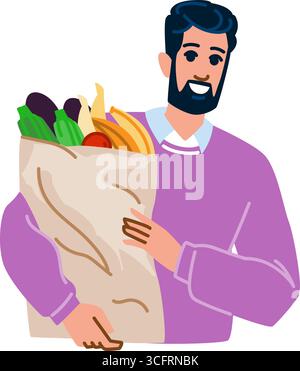 Jeune homme tenant un sac en papier avec des produits d'épicerie souriant et transportant des aliments sains Illustration de Vecteur