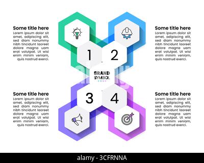 Modèle d'infographie avec icônes et 4 options ou étapes. Hexagons. Peut être utilisé pour la mise en page de flux de travail, le diagramme, la bannière, la conception Web. Illustration vectorielle Illustration de Vecteur