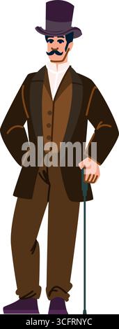 Élégant gentleman portant un chapeau haut de gamme et tenant la canne posant dans le style de l'époque victorienne Illustration de Vecteur