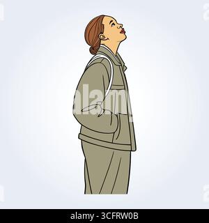 Une illustration d'une fille portant une veste et regardant le ciel, Illustration de Vecteur