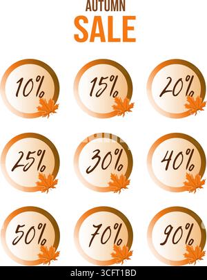 Soldes. Ensemble de badges ronds avec réductions sur le thème de l'automne. Couleurs chaudes d'automne décorées de feuilles d'érable. Illustration vectorielle sur un fond blanc, dessinée à la main Illustration de Vecteur