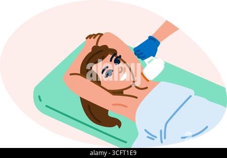 Esthéticienne enlevant les cheveux avec le traitement au laser de l'aisselle de la cliente féminine Illustration de Vecteur