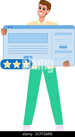 Homme souriant tenant la page du site Web avec trois étoiles de notation Illustration de Vecteur
