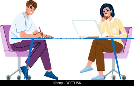 Employés de bureau collaborant sur un projet au bureau, utilisant un ordinateur portable et prenant des notes Illustration de Vecteur