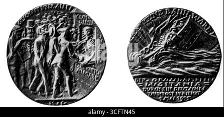 Image tirée de L’illustration (13 mai 1916) montrant la médaille commémorative allemande controversée émise après le naufrage du RMS Lusitania en 1915. La médaille, de conception satirique, représente des passagers achetant des billets à un comptoir Cunard et symbolise la propagande allemande après la tragédie. Sa question a provoqué l'indignation parmi les Nations alliées, devenant un symbole de la propagande en temps de guerre et des horreurs de la guerre sous-marine pendant la première Guerre mondiale Banque D'Images