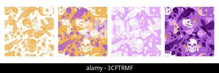 Ensemble de modèle sans couture d'Halloween de corbeau dessiné à la main assis sur l'illustration vectorielle de crâne humain Illustration de Vecteur