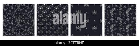 Ensemble de 4 motifs sans couture noir et blanc avec de mignons motifs d'Halloween dessinés à la main Illustration de Vecteur