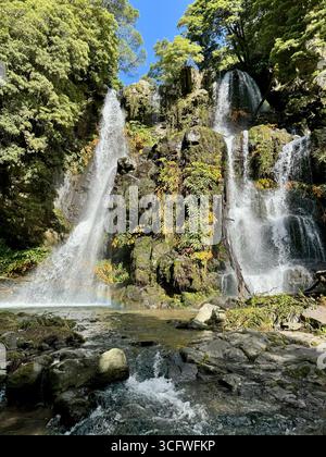 Cascade le long du sentier de randonnée PR39SMI aux Açores, Portugal, entouré de verdure luxuriante et de roches volcaniques. Banque D'Images
